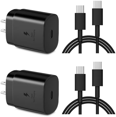 Dual Pack 25 W USB-C Fast Charger for Samsung – Ultra-Fast Charging Adapter with 5.9 ft Type-C Cable, Compatible with Galaxy S24/S24 Ultra/S23/S22/S21/S20/Note 20, Perfect for On-the-Go Power and Enhanced Device Protection