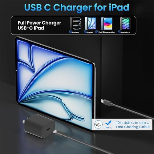 10 FT i Pad Fast Charging Cable Set – High-Power 20 W USB C Charger with Extended Reach for Ultimate Flexibility, Compatible with i Pad 10 th/11 th Gen, i Pad Pro (12.9/11 inch), i Pad Air (4 th/5 th), and i Pad Mini – Durable, Stylish Black Design for Seamless Charging Experience