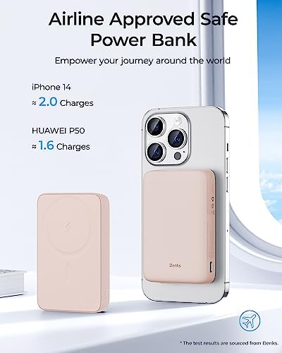 BENKS 10,000 m Ah Magnetic Power Bank – Ultra-Fast Wireless Charger for i Phone 15/14/13/12 Series, Mag Safe-Compatible, Sleek Pink Design with Dual 20 W USB-C Ports for Rapid Charging and Enhanced Portability