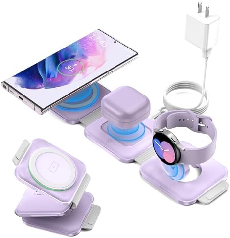 Portable Wireless Charging Station for Samsung Devices, Compact Foldable Charger for S25 Ultra/S24/Z Flip 6/5, Multi-Device Support for Galaxy Watch 8/7 & Buds Pro3/2 – Efficient Fast Charging Solution in Sleek White Design for Travelers and Professionals