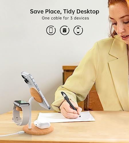 Sleek Yellow Wood Grain 3-in-1 Wireless Charging Station for Apple Devices – Fast 15 W Mag-Safe Charger with QC 3.0 Adapter for i Phone 16/15/14/13/12, Apple Watch Ultra/S9/8, and Air Pods – Elevate Your Workspace with Ultimate Compatibility and Modern Aesthetics, Perfect for Streamlined Charging Solutions