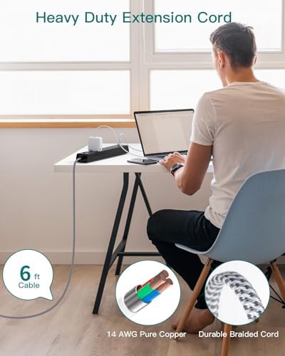 Ultimate Surge Protector Power Strip – Versatile 6-Outlet Extension Cord with 4 USB Ports (2 USB-C) and Flat Plug Design for Space Saving, Overload Protection, and Wall Mount Capability – 5 ft Length for Home, Office, or Dorm Room Efficiency and Safety