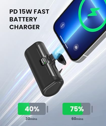 Ultra-Compact 5000 m Ah Power Bank with Built-in USB C Cable for i Phone 15 Pro Max – Reliable Portable Charger for i Phone 14/13, Samsung, Google, and More – Fast Charging Solution for On-the-Go Power Needs (Black)