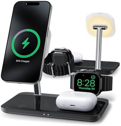 Revolutionize Your Charging Routine with the 4-in-1 Mag-Safe Wireless Charging Station – Optimized for i Phone 16/15/14/13/12, Apple Watch Series 9-1/Ultra/SE, and Air Pods 4/3/2/Pro with Built-in Night Lamp for Enhanced Ambiance and Speed – Perfect for Streamlined Home or Office Use
