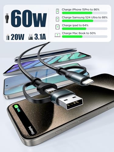 Universal 4-in-1 Multi-Device Charging Cable [2-Pack, 6.6 FT] – 60 W Fast Charging Nylon Braided Lightning & USB-C Cords for i Phone, i Pad, Samsung Galaxy, Mac Book & More – Durable & Tangle-Free Solution for Efficient Powering