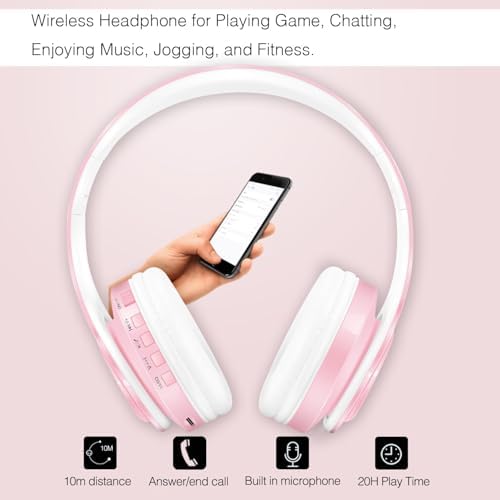 Lightweight Pink RAT TAIL V5.0 Bluetooth Over-Ear Headphones – Foldable Design with Micro SD/TF Card & FM Radio for Ultimate Audio Experience – Perfect Wireless & Wired Headset for Music Lovers on the Move