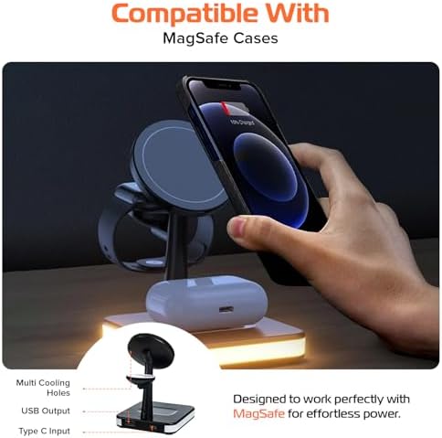 Spracht Flex Charge 4: Advanced 4-in-1 Wireless Charging Station with 25 W Fast Charging, Magnetic Dock for Smartphones, Smartwatches & Earbuds | Qi-Compatible Multi-Device Charger with Built-in Nightlight for Enhanced Convenience and Style
