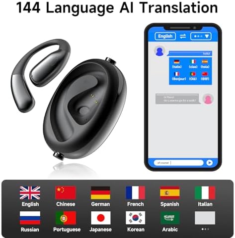Cutting-Edge AI-Powered Translation Earbuds for Effortless Multilingual Interactions – Bluetooth 5.4 Wireless Connectivity with Instant Translation in 144 Languages – Lightweight, Comfortable Design Perfect for Travel and Global Business Communication – High-Quality Audio for Clear Conversations and Extended Battery Life