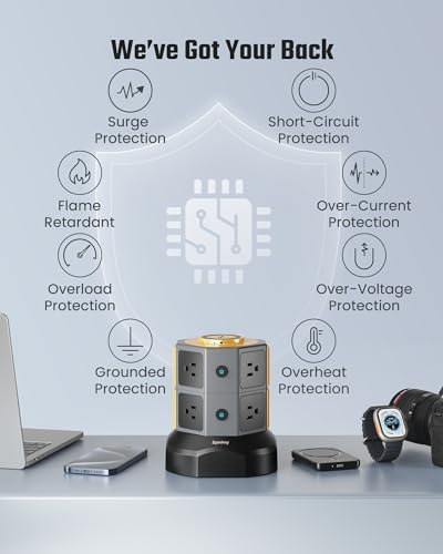 Revolutionize Your Charging Setup with SUPERDANNY Power Strip Tower – 15 W Wireless Charger, 6.5 Ft Retractable Cord, 1050 J Surge Protection, 8 Outlets & 4 USB Ports (2 USB-C) for Ultimate Home and Office Versatility