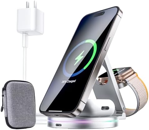 Sleek 3-in-1 Wireless Charging Station for Apple Devices – 15 W Fast Mag-Safe Qi-Certified Portable Charger Stand for i Phone 12/13/14, Apple Watch & Air Pods Pro/2/3 – Adjustable Viewing Angle & Compact Design in Elegant Silver Finish – Ultimate Convenience for Home and Office Use