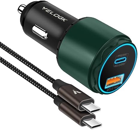 VELOGK 73 W Turbo USB-C Car Charger – Ultra-Fast Adaptive 55 W & 45 W PPS/PD & QC3.0 Adapter for Samsung Galaxy S25/S24/S23/S22+/S21/S20 & i Pad Pro – Compact Green Design with Advanced Safety Features for Rapid On-the-Go Charging