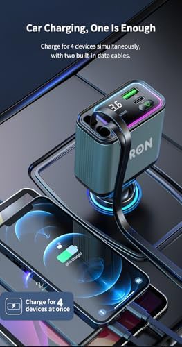 TRON 4-in-1 TR32 USB-C Car Charger Adapter – 660 W Rapid Charging with Retractable 2.6 Ft Cables & Dual USB Ports for Ultimate Device Compatibility and Convenience on the Go