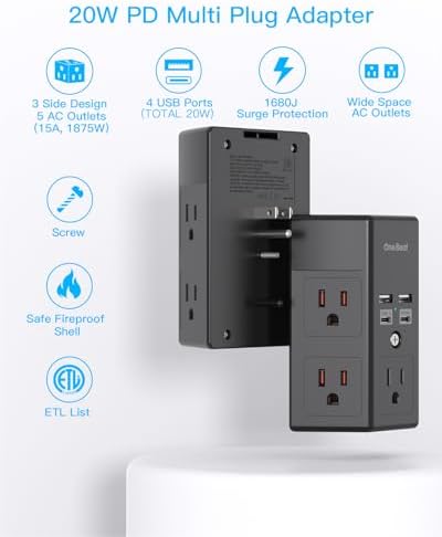 Maximize Power Efficiency with Our 5-Outlet Surge Protector and 4-Port USB Charger – Wall-Mountable Power Strip with 1680 Joules Protection for Home and Office Use, Featuring Fast USB C PD 20 W Charging for All Devices, Ideal Multi-Plug Adapter for an Organized Workspace
