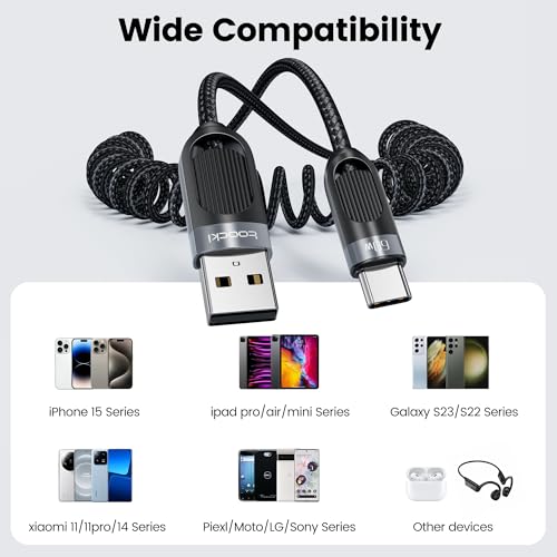 Coiled USB A to USB C 2Pack 3FT Braided Retractable Fast Charging Cable for Car, Compatible with iPhone 16/15 Pro Max/Galaxy S24/S23/S22, Supports Car Play & Android Auto-Black – Enhanced Compatibility and Speed