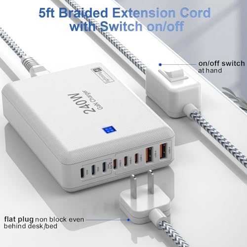 240 W High-Speed 8-Port Charging Station – Multi-Device USB Hub for i Phone, i Pad & Mac Book with 6 USB-C PD Ports, 2 USB-A Ports, 5 ft Braided Cord, On/Off Switch, Flat Plug Design for Travel Convenience and Optimal Space Management – Ultimate Charging Solution for Tech Enthusiasts
