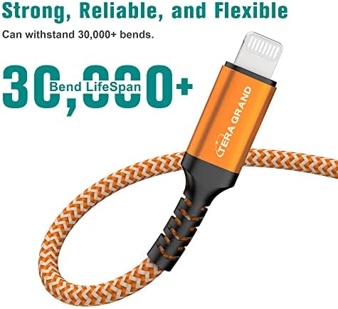 Apple C89 MFi Certified 7-Foot Lightning to USB-A Braided Charging Cable for i Phone 14/13/12/11 Pro, Max, Mini, SE, XS, XR, 8/7/6 Plus, i Pad & Air Pods – Durable, Fast Charging & Stylish Orange/White Design for Enhanced Compatibility