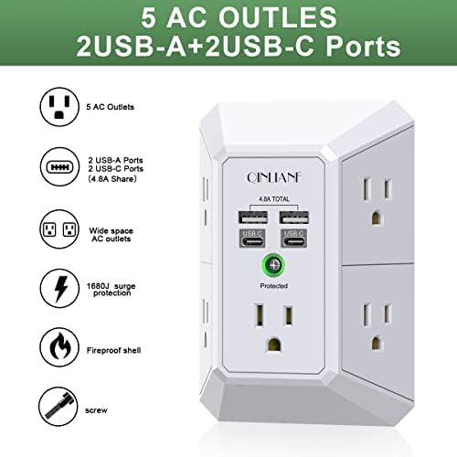 QINLIANF 5-Outlet USB Wall Charger with Surge Protection – 4 USB Ports (4.8 A Total) Power Strip Extender, 3-Sided Design for Easy Access, 1680 J Surge Defense, Compact Multi-Plug Adapter for Home, Travel, and Office Use – Elevate Your Charging Experience with Versatile Compatibility and Safety