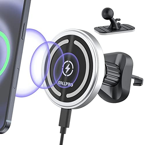 OHLPRO Mag Safe Car Charger Mount for i Phone 16/15/14/13 Pro Max – 15 W Fast Charging Phone Holder with 360° Rotation, Secure Adhesive Base for Tesla and Other Vehicles, Ultimate Magnetic Car Accessory for Safe Driving and Hands-Free Navigation – Perfect Gift for Tech Enthusiasts and Road Warriors
