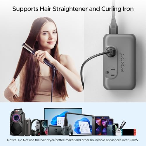 SOKOO 230 W Universal Voltage Converter & Travel Adapter – Transform 100-220 V to 110 V for Global Compatibility in 150+ Countries with Quick Charge 3.0 USB Ports – Essential Power Solution for International Travelers, Ideal for EU, UK, AU, US & India – Compact, Lightweight & Safety-Enhanced Design for Effortless Device Charging on the Go