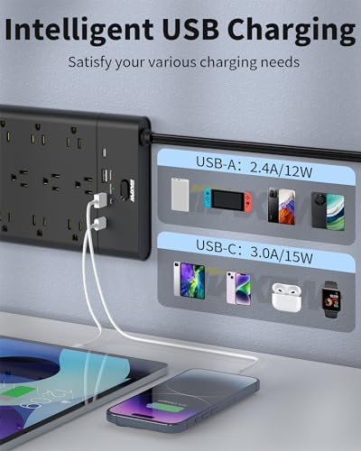 Ultimate Surge Protector Power Strip with 19 Outlets & 4 USB Ports – Heavy-Duty 6.5 Ft Extension Cord, 1875 W Power Capacity, 2100 Joules Surge Protection, Wall Mountable for Home, Office, and Gaming – Efficient Power Management Solution in Sleek Black Design