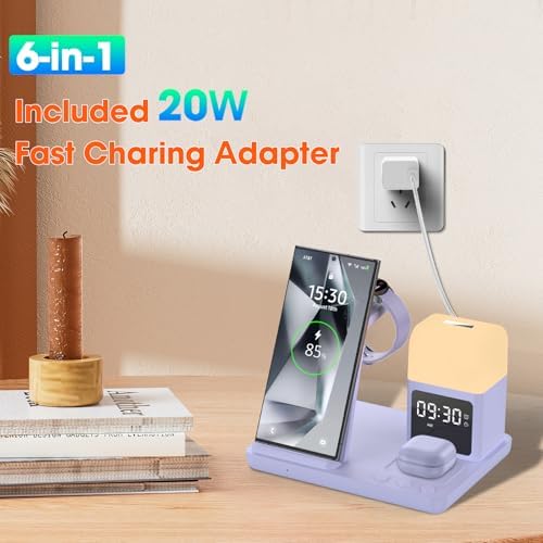 Ultimate 6-in-1 Wireless Charging Station for Samsung & Android: Fast Charger with Alarm Clock & Night Light for Galaxy S25 Ultra, S24, S23, and Samsung Watch7 – Space-Saving Design, Enhanced Compatibility, and Sleek Black Finish for Modern Living