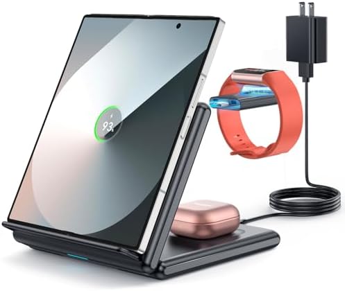GEEKERA 3-in-1 Foldable Wireless Charging Station for Samsung – Fast Charging Dock for Galaxy Z Flip/Fold 6-3, S24-S20 Ultra Plus, Watch 6-3 Active & Buds 2 Pro/Live – Compact, Non-Slip Design for Home, Office & Travel