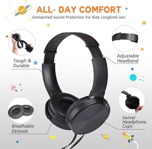 Classroom-Ready Kids Headphones Bulk Pack – 6 Durable Wired Earphones for Students, Toddlers, and Teens – Lightweight On-Ear Design with Comfortable Fit, Ideal for Learning, Music, and Online Classes – Compatible with Tablets and Laptops