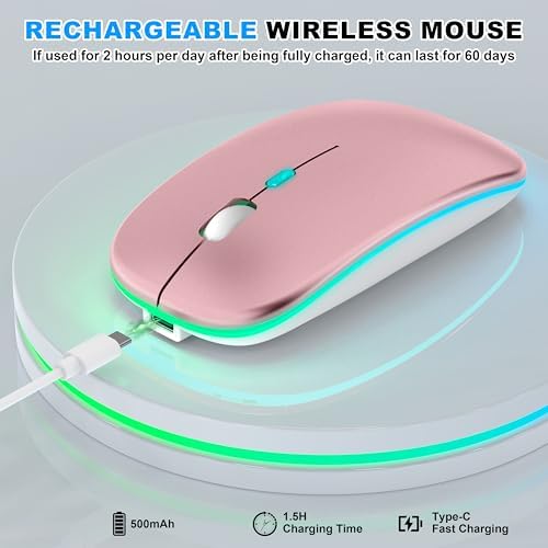 Sleek LED Bluetooth Wireless Mouse for Mac & PC – Rechargeable, RGB Light-Up Design with Dual Connectivity (BT5.2 + 2.4 G USB) – Slim, Portable Mouse with Jiggler Function for Work & Play – Enhanced Performance & Style in White