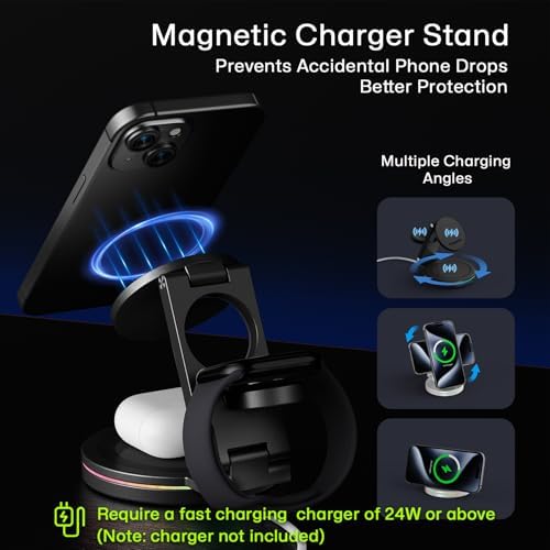 Revolutionary 3-in-1 Wireless Charger Hub for i Phone, Apple Watch & Air Pods – 10 W Fast Charging, 360-Degree Rotating Zinc Alloy Design, Foldable & Magnetic for Ultimate Convenience and Compatibility with i Phone 12-16 Series
