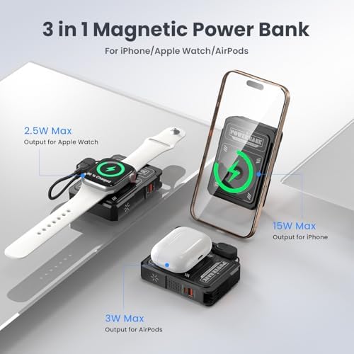 Magnetic 5-in-1 Power Bank with Built-in AC Plug – 10,000 m Ah Mag Safe Battery Pack for i Phone 16/15/14/13/12 Mini, Apple Watch & Air Pods – 22.5 W Fast Wired & 15 W Wireless Charging with 360° Rotating Stand – Effortless Convenience & Advanced Safety Features for On-the-Go Users