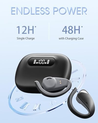 Ultimate Open Ear Bluetooth 5.3 Sports Earbuds with 48-Hour Playtime – Exceptional Hi-Fi Stereo Sound, Secure Earhooks for Active Use, LED Battery Life Display, Advanced ENC Noise Cancellation, Sweat-Resistant for Maximum Longevity, Compatible with All Devices for Uninterrupted Enjoyment