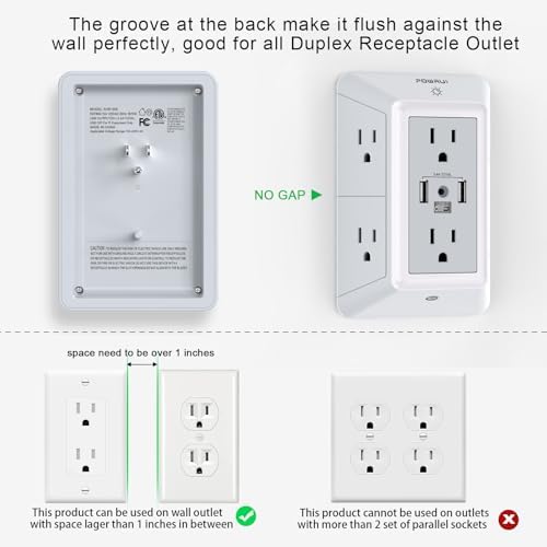 Maximize Your Charging Efficiency with the POWRUI 6-Outlet Extender & USB Wall Charger – Versatile Surge Protector with Dual 2.4 A USB Ports, Integrated Night Light, 3-Sided Design for Optimal Space Utilization, ETL Certified Safety, Ideal for Home and Office Use