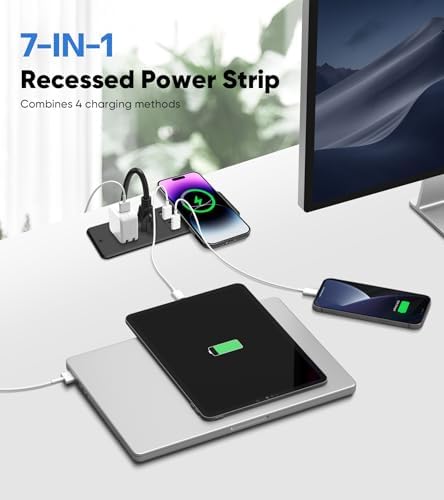 Revolutionary 20 W Recessed Power Strip with 15 W Wireless Charger – Ultimate Flush Mount Charging Solution Featuring 4 USB Ports (2 USB-C) for Enhanced Device Compatibility, Ideal for Home and Office Setup with 6 FT Cable and Built-In Surge Protection