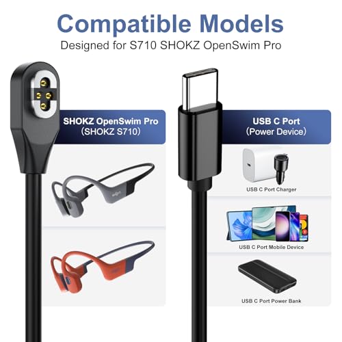 Magnetic 4 Pin Charging Cable for Shokz S710 Headphones – 2 Pack USB-C Quick Charge & File Transfer Solution, 1 m Length for Enhanced Compatibility with Open Swim Pro, Durable Design for Tech Enthusiasts