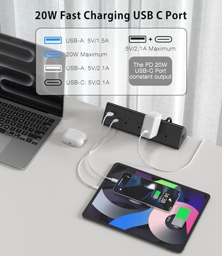 Ultimate Desk Clamp Power Strip with USB C – 4 AC Outlets & 4 Fast Charging USB Ports – 14 AWG Cord for Optimal Power – Secure Edge Mount Design Fits 1.96″ Tablets – Sleek Black Finish – Ideal Office & Nightstand Solution for Enhanced Productivity