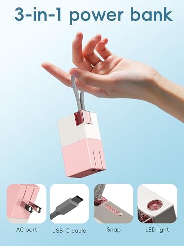 Sleek 5000 m Ah Pink Power Bank with Built-in Charging Cable & AC Plug – Ultra-Compact 22.5 W Fast Charging Solution for Travelers – Lightweight Mini Portable Charger Compatible with Samsung & More – Effortless Power for Daily Adventures and On-the-Go Use