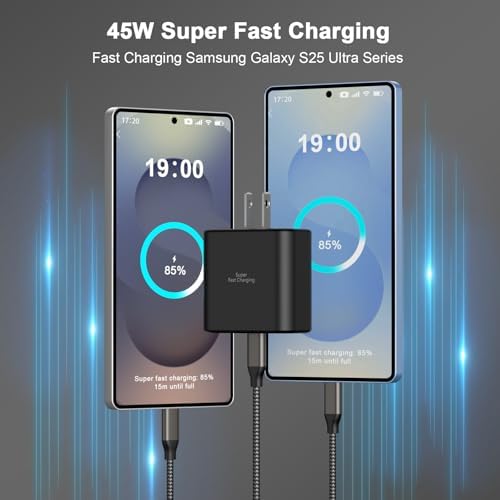 45 W Dual Pack USB-C Fast Charger with 6 FT Durable Woven Cable – Ultimate Rapid Charging Solution for Galaxy S25/S24/S23/S22/S21/S20 and i Phone 16/15 Pro Max – Superior Speed, Universal Compatibility, and On-the-Go Convenience for Mobile Devices