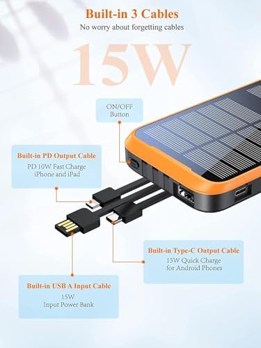 Ultimate Solar Power Bank 43,800 m Ah with QC3.0 Fast Charging & Qi Wireless Technology – Dual Output Cables & 680 Lumen Emergency Flashlight for Outdoor Adventures and Travel Efficiency