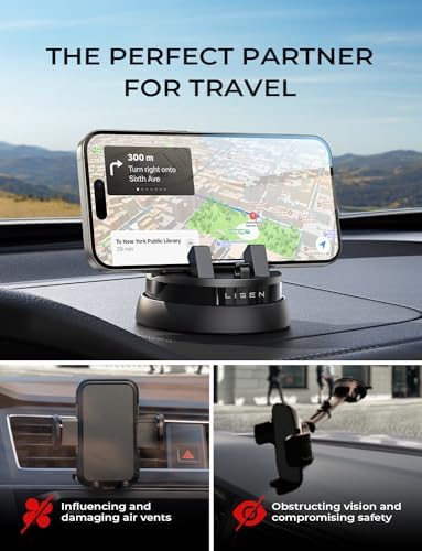 LISEN 360° Rotatable Dashboard Car Phone Holder – Ultimate Multifunctional Mount for i Phone 15 Pro Max, 14, 13, 12 & Samsung S23, S22 – Unmatched Stability and Effortless Installation for Enhanced Driving Safety and Convenience