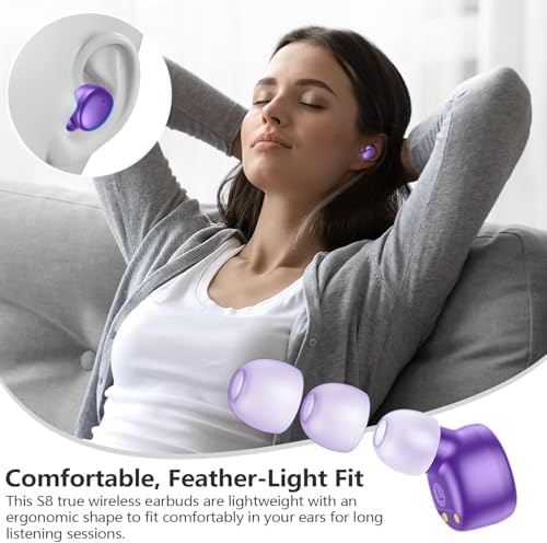 Ultra-Lightweight MOZOTER S8 Mini Wireless Earbuds – Bluetooth 5.3 Headphones with 60 Hours Playtime, Deep Bass Performance, Sweat-Resistant Design in Trendy Purple, Optimal Comfort for Sports & Daily Use