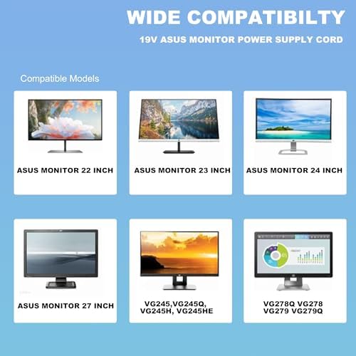 Universal 19 V AC Power Adapter for Asus Monitors – Reliable Charger for TUF Gaming, VG245, VG278, VX248, MX239 Models – Durable, Portable, and Efficient Power Supply for 22″ to 27″ Displays with Safety Features and Optimal Performance