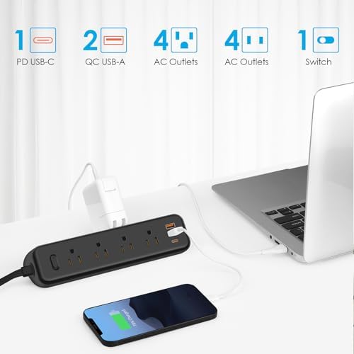 Cruise Ship Power Solutions: 30 W USB C Travel Power Strip with 5 Ft Flat Extension Cord, 4 Outlets & 3 USB Ports (2 USB-C) – Compact, Lightweight Design for Seamless Charging on Cruises and Beyond