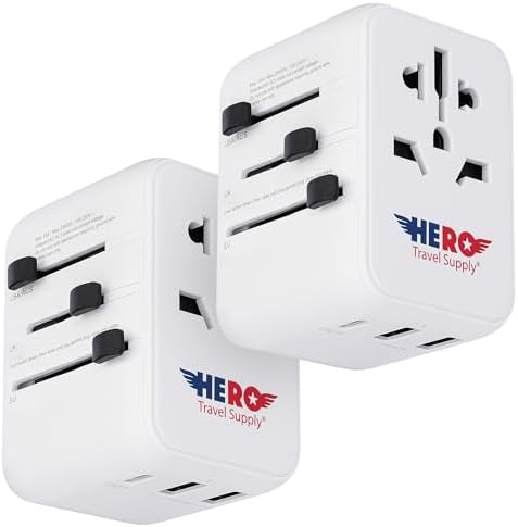 Hero Travel Supply All-in-One Universal Travel Adapter – Global Charging Companion for 100+ Countries | Charge Up to 3 Devices with Dual USB-A & USB-C Ports | Compact Design with Built-in Surge Protection for Hassle-Free Adventures | Essential Travel Accessory for On-the-Go Connectivity