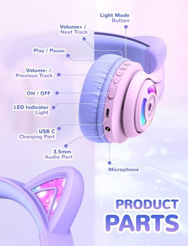 Magical Cat Ear Bluetooth Headphones for Kids – Mesmerizing Gradient Pink with LED Glow, 50-Hour Battery Life, Safe 74/85 d BA Volume Limiting, Superior Bluetooth 5.2 Connectivity & Rapid USB-C Charging for Ultimate Travel Convenience and Enjoyment