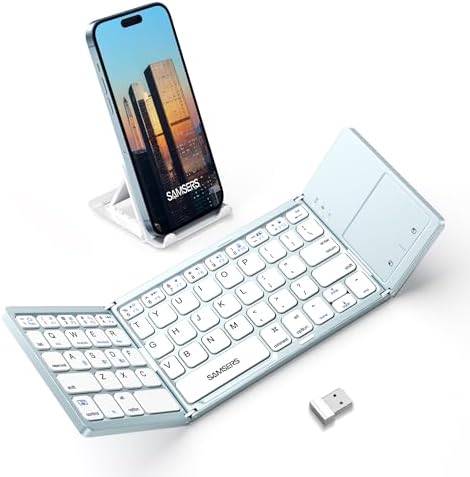Samsers Portable Bluetooth Keyboard with Touchpad – Ultra-Slim Foldable Wireless Keyboard for Effortless Typing on Android, Windows, and i OS Devices – Rechargeable, Travel-Friendly Design with Device Holder – Black