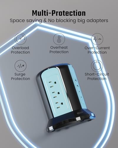 Maximize Your Charging Efficiency with the SUPERDANNY Power Strip Tower Surge Protector – 9 Outlets & 4 USB Ports, 10 Ft Extension Cord, 1080 Joules Surge Protection, Grounded Safety Design for Home and Office Use – Stylish Black Desktop Charging Station for Clutter-Free Solutions