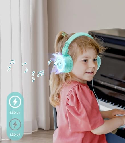 Kid-Friendly USB Type C Headphones with LED Lights – Safe Volume Limiter (85 d B/94 d B) for School Use, Foldable On-Ear Design for Comfort and Portability, Integrated Microphone for Learning and Gaming Fun – Perfect for i Pad and More