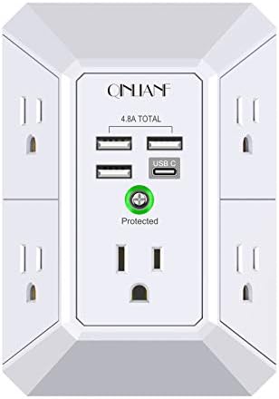 QINLIANF 5-Outlet USB Wall Charger with Surge Protection – 4 USB Ports (4.8 A Total) Power Strip Extender, 3-Sided Design for Easy Access, 1680 J Surge Defense, Compact Multi-Plug Adapter for Home, Travel, and Office Use – Elevate Your Charging Experience with Versatile Compatibility and Safety