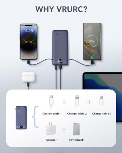 VRURC 10000 m Ah Portable Charger with Built-in Cables & AC Plug – Lightweight USB-C Power Bank for Effortless Device Charging on the Go – Stylish Green External Battery for Smartphones and Tablets – Ultimate Travel Companion for Uninterrupted Connectivity and Enhanced Compatibility