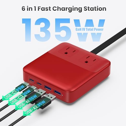 High-Power 135 W Ga N USB C Charging Hub – 6-in-1 Power Station with 2 AC Outlets, 2 USB-A & 2 USB-C Ports, 5 ft Cord, Ideal for PD 65 W Laptop Charging (Mac Book Air/Pro, i Phone 16/15, Galaxy S24) – Fast, Efficient, Universal Device Charger for Home and Travel